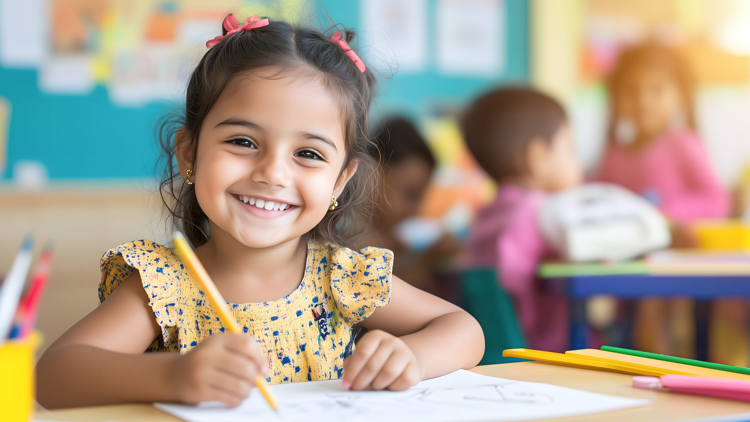 Smiling Cute Indian Kid Drawing in an Elementary Classroom. Creativity and Learning Concept